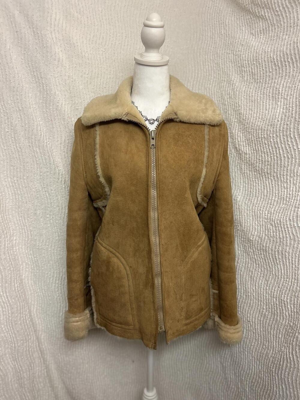 Vintage Shearling Sherpa Suede Jacket Tan Brown Zip Up Y2K Small XS S Coat Boho